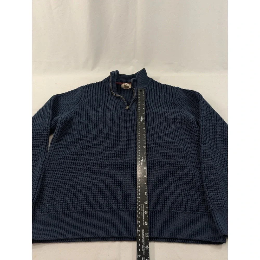 LL Bean Men's Large 100% Organic Cotton Waffle Knit 1/4 Zip Sweater Blue Heavy‎